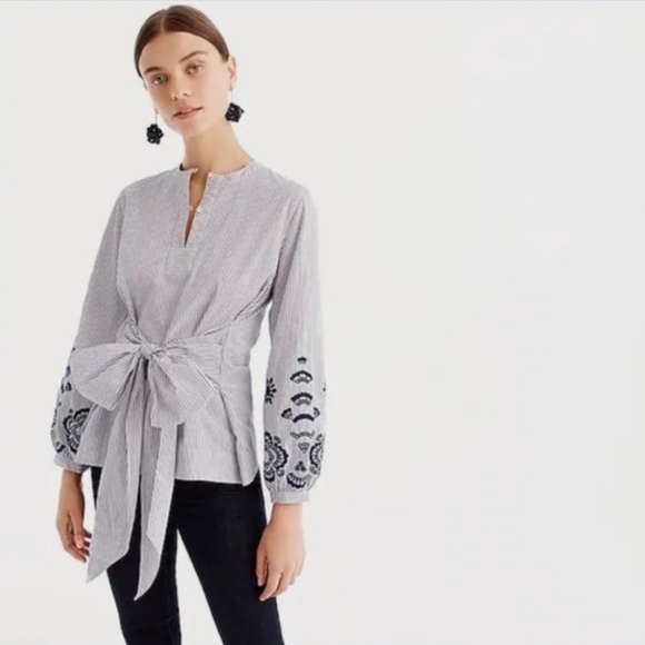 J. Crew Embroidered Navy/Red Pinstripes Tie Front Blouse (NWT) - Picture 6 of 7